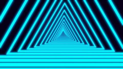 Abstract triangle tunnel composed of colorful blue-green neon light lines. Black Stock Footage 115350155