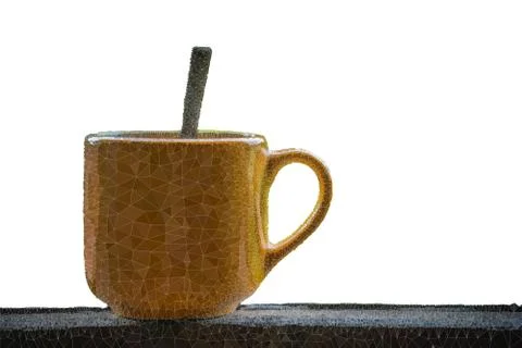 Abstract Triangles line Coffee cup on wooden table with white background Stock Photos