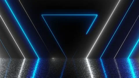 Abstract triangles neon tunnel with reflection, computer generated background Stock Illustration