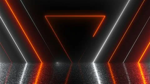 Abstract triangles neon tunnel with reflection, computer generated background Stock Illustration