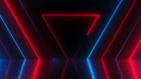 Abstract triangles neon tunnel with reflection, computer generated background Stock Illustration