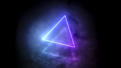Abstract triangular neon portal flying in smoke. Stock Illustration