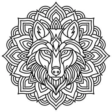 Abstract tribal wolf head mandala line art outline isolated on white. Stock Illustration