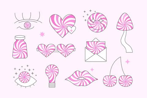 Abstract trippy retro psychedelic, hypnotic elements set. Pink groovy Illustrazione stock
