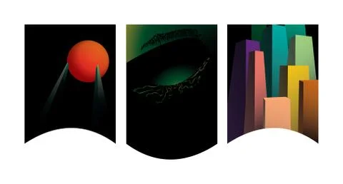 Abstract triptych compositions in the dark with wavy frames; sphere, closed e 스톡 일러스트
