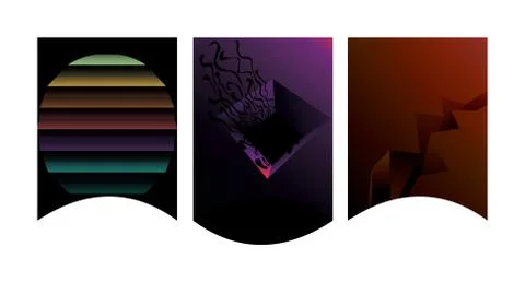 Abstract triptych compositions in the dark with wavy frames; rainbow stripes, Stock Illustration