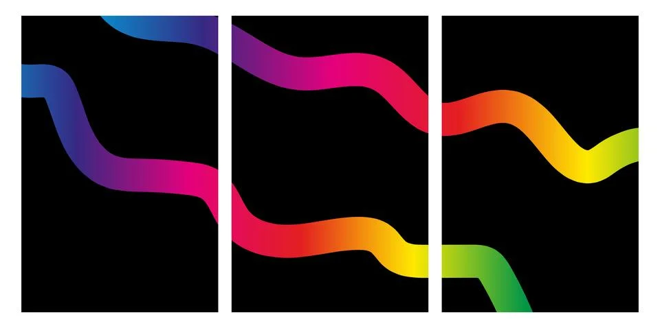 Abstract triptych design with colorful gradient wavy lines on black background Stock Illustration