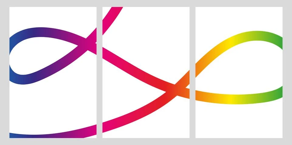 Abstract triptych with intersecting wavy rainbow gradient lines on white Stock Illustration