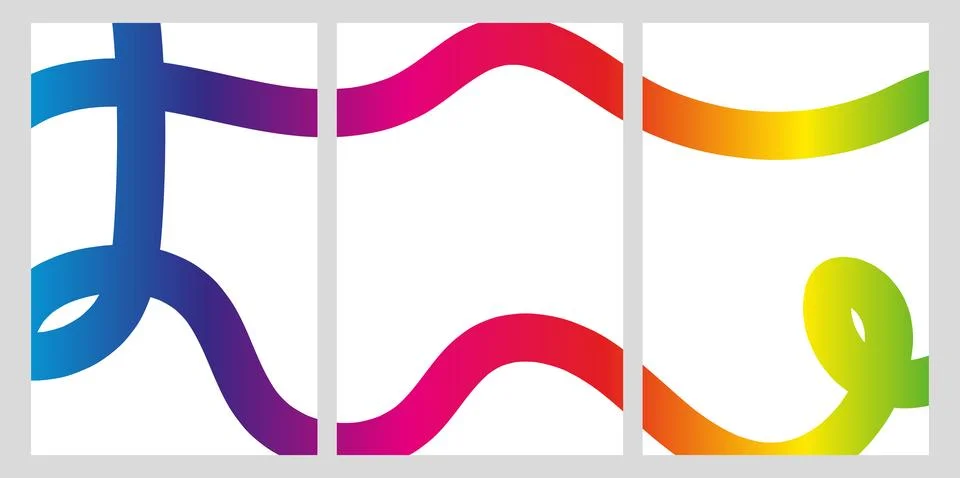Abstract triptych with intertwined wavy rainbow gradient lines on white Stock Illustration