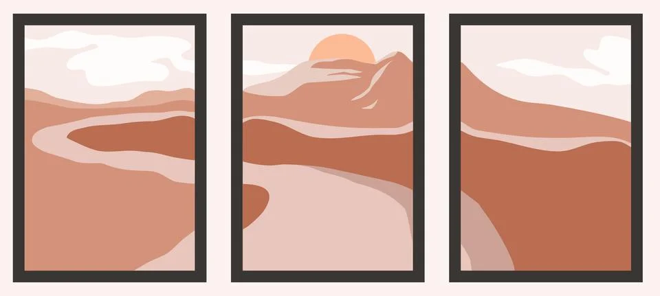 Abstract triptych landscape. River or road and nountain at sunset. Wall art Stock Illustration