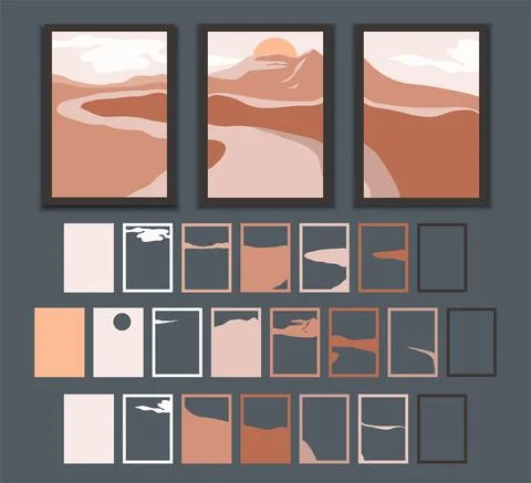 Abstract triptych landscape. River or road and nountain at sunset. Wall art Stock Illustration