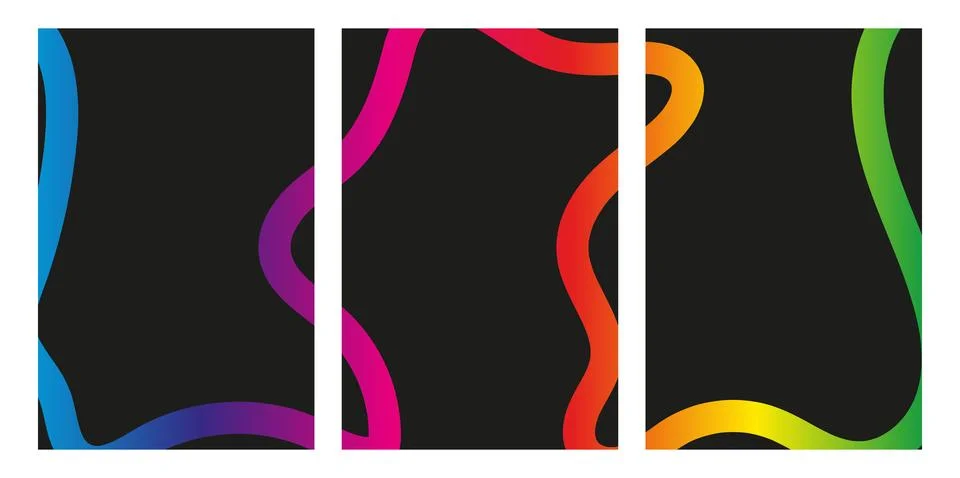Abstract triptych with wavy gradient lines on dark background Stock Illustration