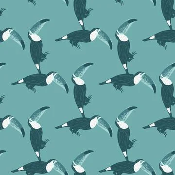 Abstract tropic animal seamless pattern with doodle toucan bird silhouettes.  Illustrazione stock