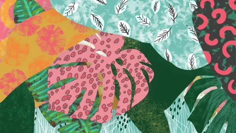 Abstract tropical plants loop. 90s style background. Hand drawn leaves, shapes Vidéo 151527666