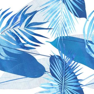 Abstract tropical seamless pattern with blue watercolor banana and palm leave Stock-Illustration