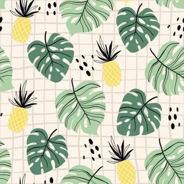 Abstract tropical seamless pattern with palm leaf and pineapple Stock Illustration