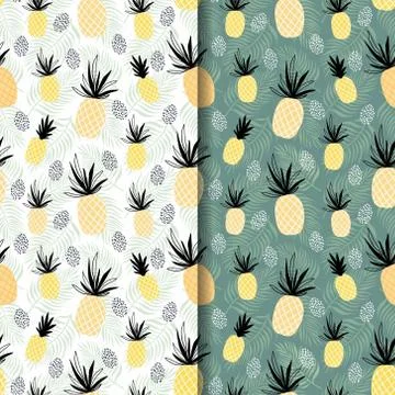 Abstract tropical summer seamless patterns set with pineapple Stock Illustration