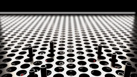 Abstract tubes move through metal holes with red lighting lines Stock Footage 97461642