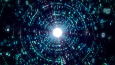 Abstract tunnel. Digital background, 3D rendering. Binary code particle network Stock Illustration