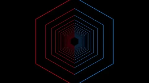 Abstract tunnel effect with glowing red and blue concentric hexagons on bla.. Stockbeeldmateriaal 344309580