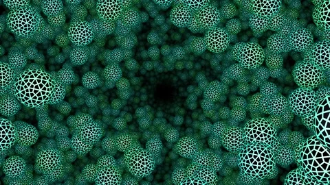 Abstract tunnel made of glowing wireframe spheres with turquoise grid patterns Stock Footage 317216604