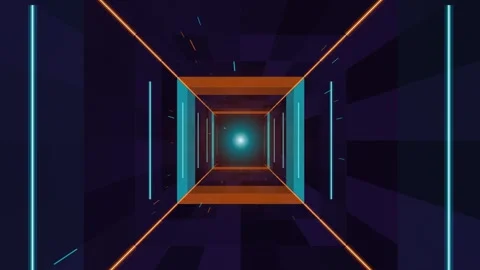 Abstract tunnel motion effect with glowing cyan neon lines and orange frame.. Stock Footage 346989054