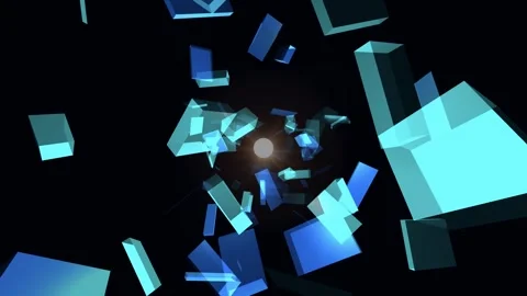 Abstract tunnel of translucent blue geometric blocks and planes with a brig.. Видео 345981448