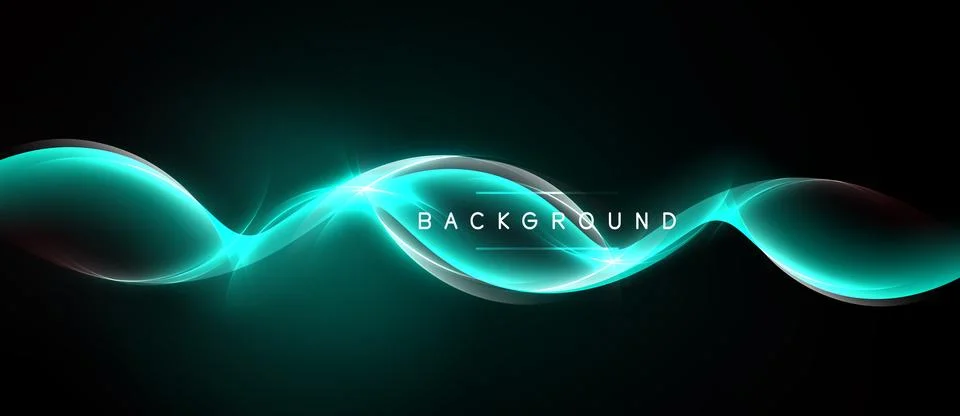 Abstract turquoise waves flow across dark background. Bright light creates Stock Illustration