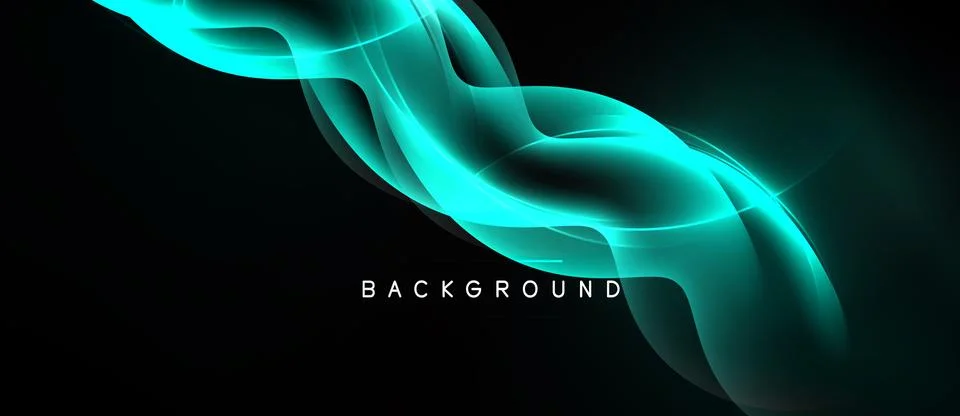 Abstract turquoise waves flow across black background. Dynamic lighting creat Ilustración de archivo
