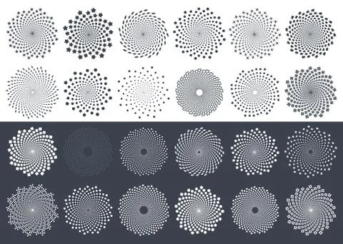 Abstract twisted vector elements set. Dots, stars, squares, triangles. Stock Illustration