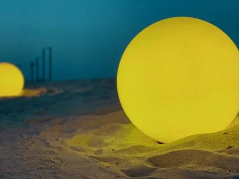 Abstract two artificial moons on the sand, two round lamps with soft light on Stock Photos