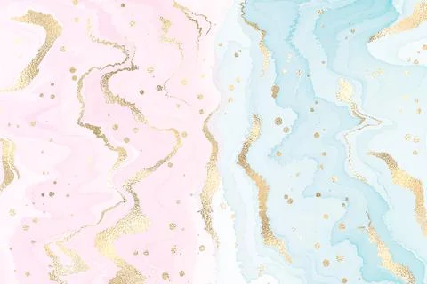 Abstract two colored pink and blue liquid marble background with gold foil Stock Illustration