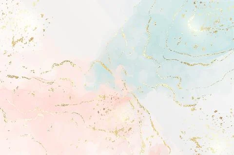 Abstract two colored pink and blue liquid marble background with gold foil Stock Illustration