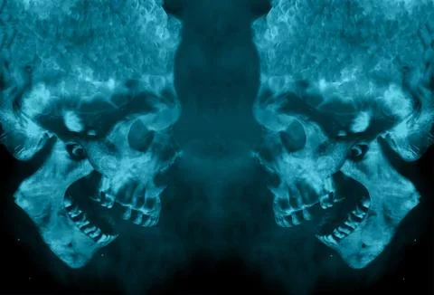 Abstract Two Evil Powerful Fiery Demon Skulls Facing Each Other Stock Illustration