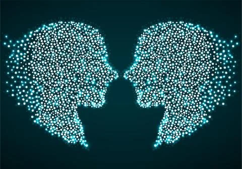Abstract two silhouette human head with glowing circles, dotted logo Stock Illustration
