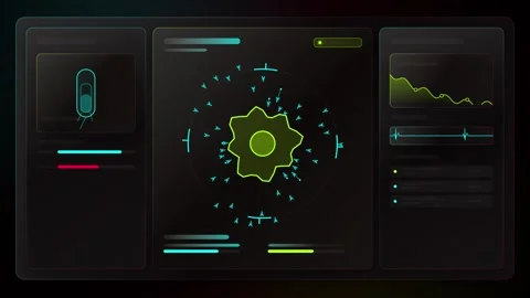 Abstract UI Display with Rotating Gear and Data Visualization on Dark Backg.. Stock Footage 347820891