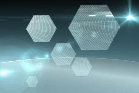 Abstract UI is showcasing floating translucent hexagons with wavy lines, lens 스톡 일러스트