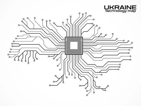 Abstract Ukraine map with cpu. Circuit board. Technology background. Vector i Stock Illustration