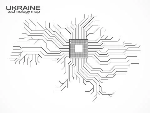 Abstract Ukraine map with cpu. Circuit board. Technology background. Vector.. Illustrazione stock