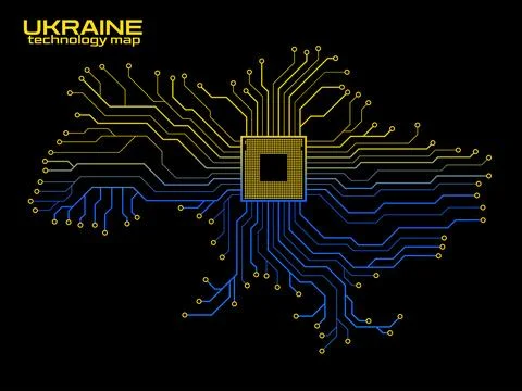 Abstract Ukraine map with cpu. Circuit board. Technology background. Vector.. 스톡 일러스트