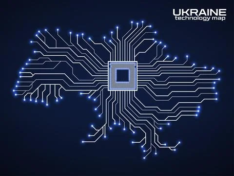Abstract Ukraine map with cpu. Circuit board. Technology background. Vector.. 스톡 일러스트