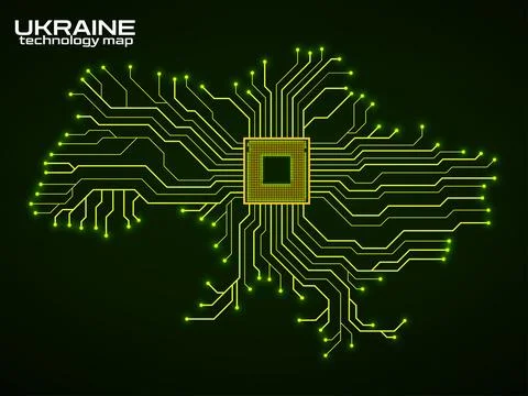 Abstract Ukraine map with cpu. Circuit board. Technology background. Vector.. イラスト素材