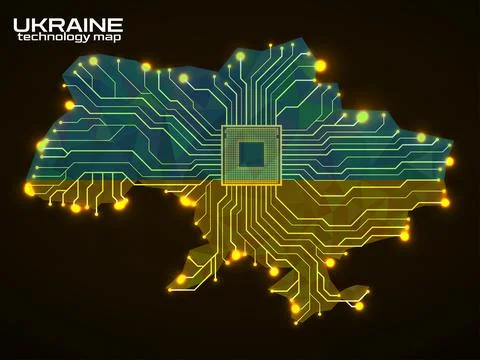 Abstract Ukraine map with cpu. Circuit board. Technology background. Vector i 스톡 일러스트