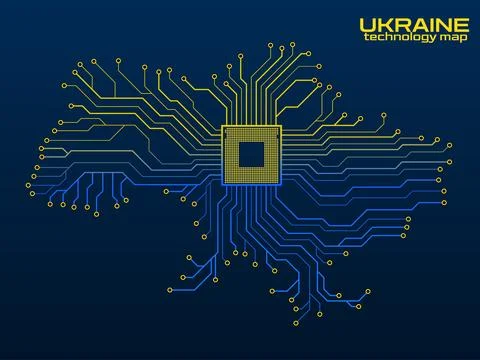Abstract Ukraine map with cpu. Circuit board. Technology background. Vector i Stock Illustration