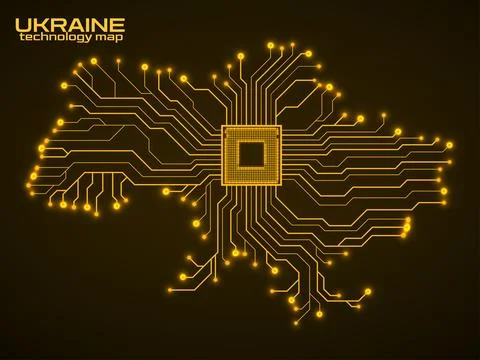 Abstract Ukraine map with cpu. Circuit board. Technology background. Vector i Illustrazione stock