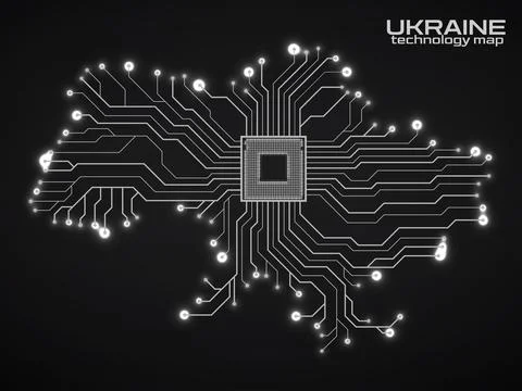Abstract Ukraine map with cpu. Circuit board. Technology background. Vector.. Illustrazione stock