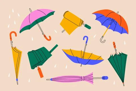 Abstract umbrellas. Set of hand drawn cartoon umbrellas, open, folded parasol Stock Illustration