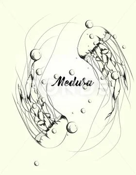 Abstract undersea design. Ocean jellyfishes (medusa) with wave tentacles, wat Stock Illustration