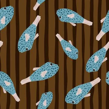 Abstract underwater seamless pattern with random blue fish elements. Brown st Illustrazione stock