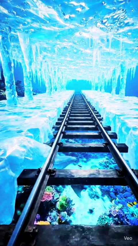 Abstract underwater train track journey through vibrant glowing ice cavern .. Stock Footage 333669845